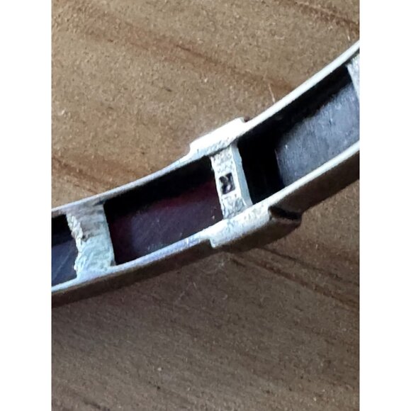 Silver Bangle Bracelet Red Green Stone Inlays & Safety Chain - Picture 7 of 10